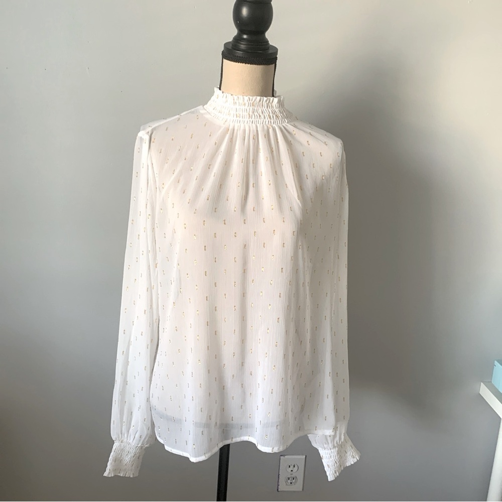 Express - Long Sleeve Sheer Blouse - Shirred Mock Neck-Shirred Cuffs-Off white